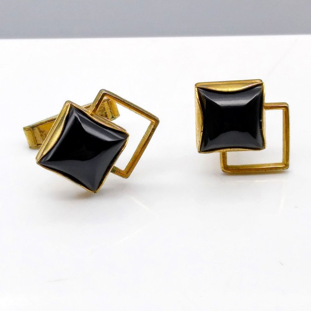 Vintage Square Dance Geometric Cuff Links, Black Glass and Gold Tone Mid Century